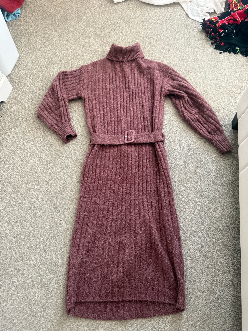Anthropologie Ribbed Knit Turtleneck Belted Sweater Dress - Dusty Rose